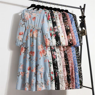 Vestido Floral Primavera Primavera Outono Manga Longa Pescoço Redondo Cintura Estreita Vestido de Festa Casual