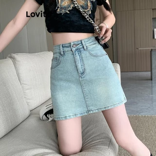 Lovito Saia jeans casual lisa lavada para mulheres LNM75307