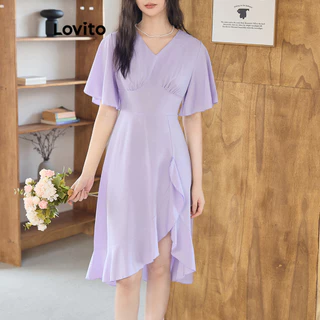 Lovito Vestido básico elegante com babados lisos na frente dividida para mulheres L100MD166