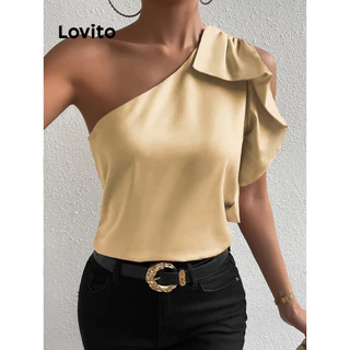 Lovito Regata elegante lisa assimétrica com babados para mulheres LBL16184