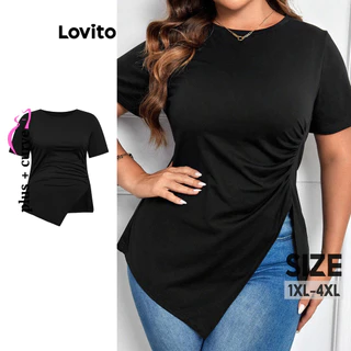 Lovito Camiseta feminina casual lisa assimétrica franzida plus size LBL16636