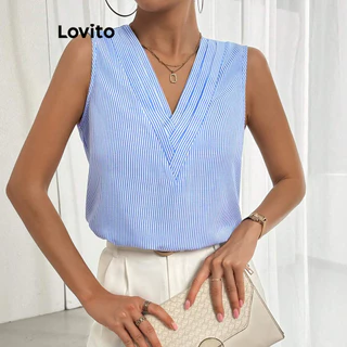 Lovito Blusa elegante listrada com gola contrastante para mulheres LBL16227