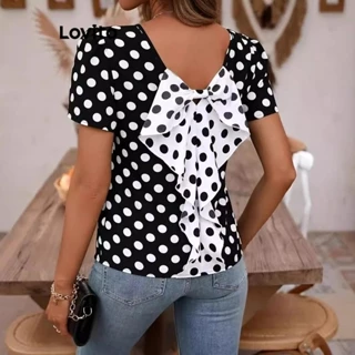 Lovito Blusa casual com estampa de bolinhas e amarração nas costas para mulheres LNL79413