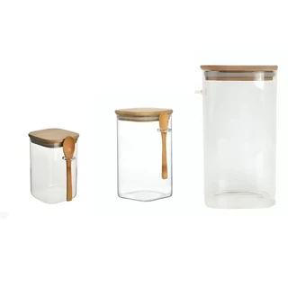 3 Potes De Vidro C Tampa De Madeira E Colher De Madeira Yoss