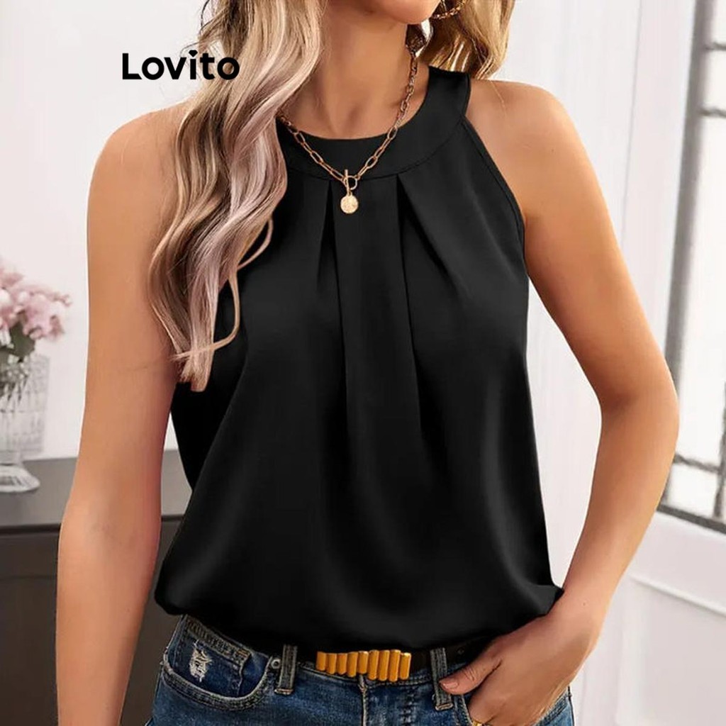 Lovito Regata casual plissada lisa para mulheres LNL73321