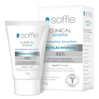 Desodorante Creme Antitranspirante Soffie Clinical Sensitive 48h Sem Perfume Hipoalergênico Pele Sensível Sem Álcool 50g