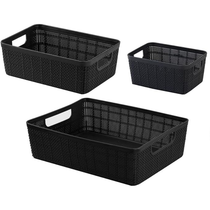 Kit 3 Cestos Organizadores Multiuso Rattan Home Organizer P-M-G Cor: Preto