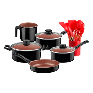 Jogo De Panelas 5 Peças Tramontina Caribe E 12 Utensílios de Silicone em Oferta na Shopee