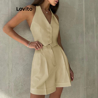 Lovito Conjunto Elegante De Shorts Sem Costas Com Botões Lisos Para Mulheres LNL50083