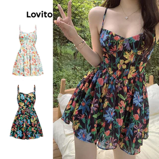 Lovito Vestido casual com estampa floral para mulheres L82AD121(Multicolorido)