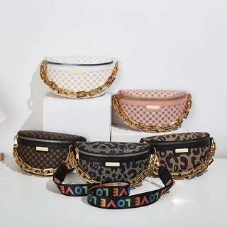 Bolsa Feminina Bolsa Bolsa Bolsa Bolsa Mensageiro 2024 Novo Estilo Casual Simples Leopardo Impressão Círculo Impressão Bolsa Mensageiro Cintura Bolsa Fashion Trend Chain Bolsa Ombro
