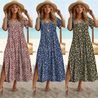 Vestido De Verão Mais Longo Feminino De Pescoço Em v Com Fenda Floral Redondo Praia De Férias