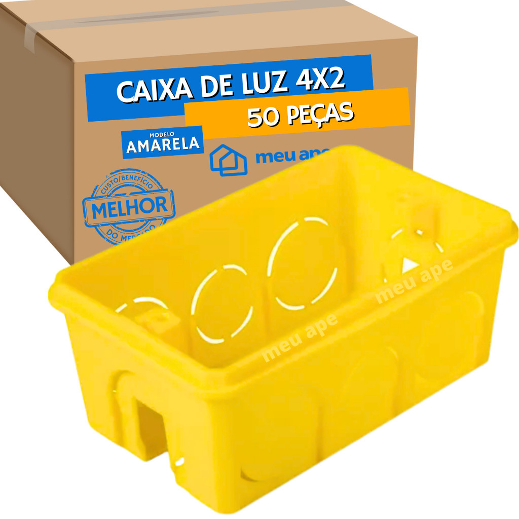 50 Caixa de Luz 4x2 Reforçada P/ Tomada Interruptor Embutir Amarelo Preto Energia