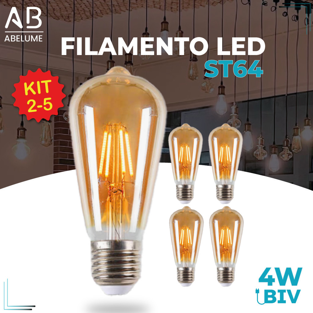 Kit 5 Lâmpada Filamento LED ST64 E27 4W LUZ QUENTE (AMARELO) Âmbar Retrô Vintage 110V~220V | Bivolt