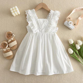 Líder Do Urso Manga Voadora Lace Party Casamento Princesa Vestido Branco Versão Coreana Sweet Girls Clothes 2-7 Anos Roupa De Algodão Para Crianças