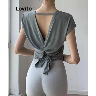 Lovito Camiseta esportiva feminina lisa sem costas com nó LNL70153