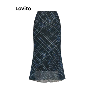 Lovito Saias femininas com padrão de babados xadrez xadrez e alface L98AD094