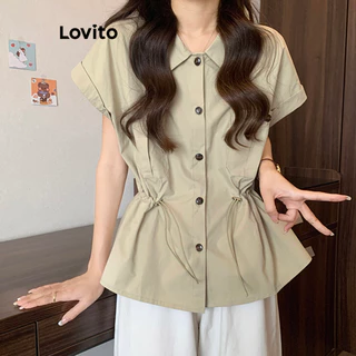 Lovito Blusa casual feminina com botão liso e cordão LNE73351