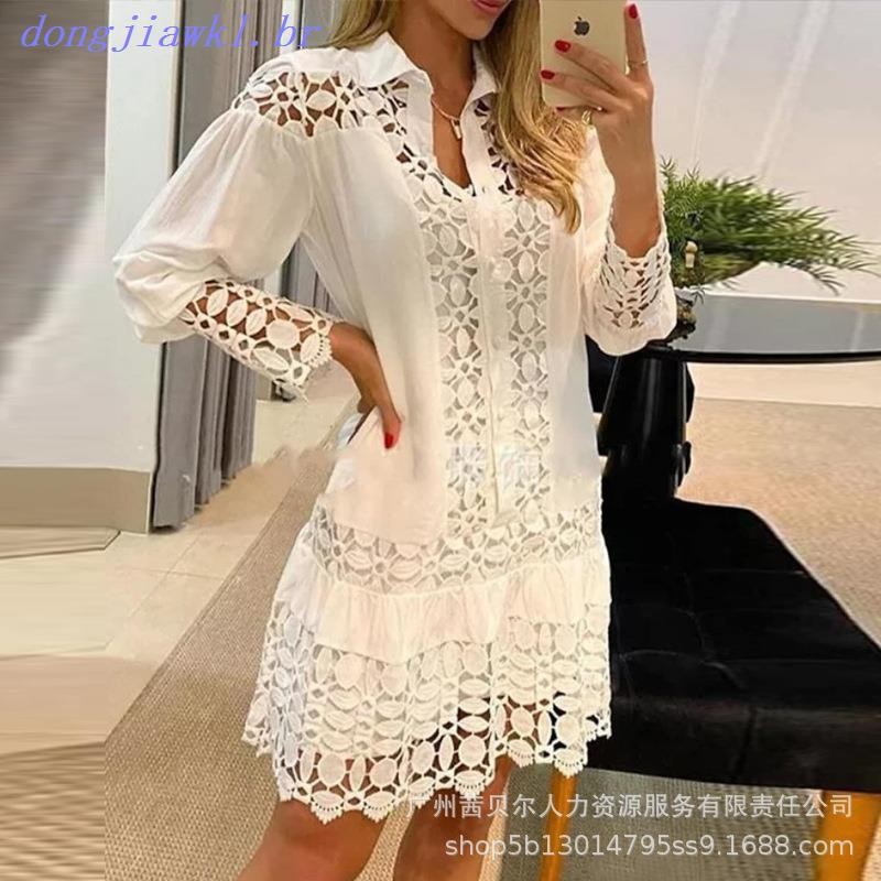 Vestido Curto De Renda Branca Feminina De Manga Comprida , Roupas Femininas