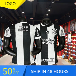Camisa de Futebol Corinthianss24/25 FO 2nd Away Jersey Preto Branco Camisa Masculina Moletom (Versão do Jogador)