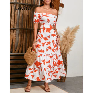 Lovito Vestido de renda sem costas com padrão de plantas boho para mulheres LBL17599