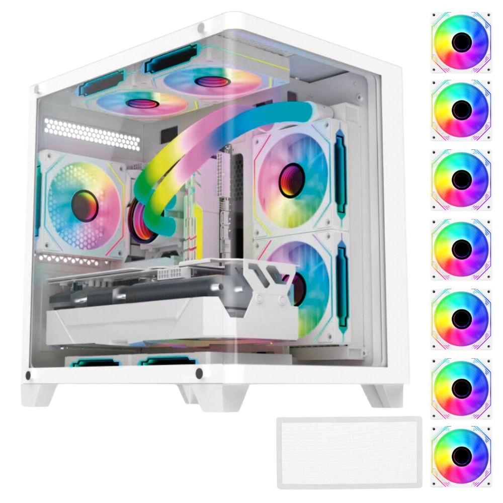 Gabinete Pc Gamer Aquário Branco 7 Fans Rgb Inclusos Vidro Curvo Boleado Micro Atx Mini Itx