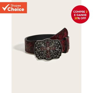 Cinto Vintage Ocidental Y2K Com Fivela Cruzada – Alça Ajustável Feminina Borgonha Floral Em Relevo Para Jeans/Roupas Diá