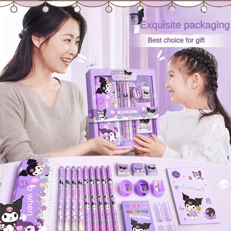 Sanrio Cartoon Kuromi Learning Stationery Set Conjunto De Papelaria Apagador De Lápis Para Crianças Feliz Aprendizagem