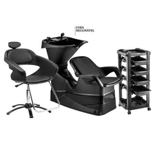 Kit Completo Cadeira De Salão Lavatório Champ com Cuba Reclinável e Carrinho Auxiliar Dompel