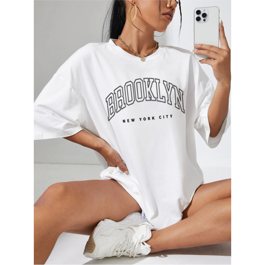 Camiseta Brooklyn New York City Estampa Urban Oversized Longa Feminina