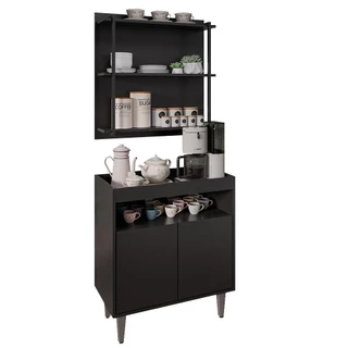 Aparador Cantinho do Café e Painel 3 Prateleiras Flora M24 Preto - Mpozenato