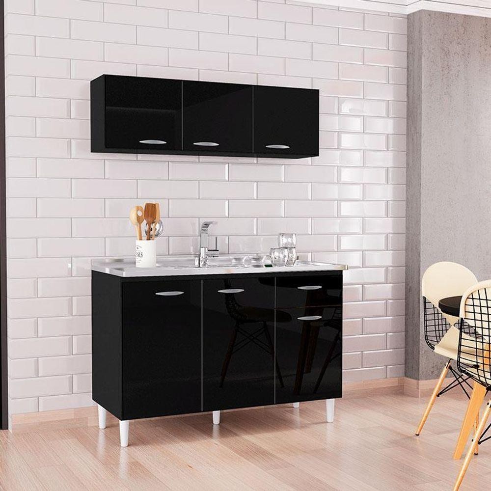 Balcão De Pia E Armário Aéreo 120 Cm Preto - Poquema