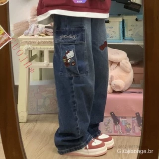 GUOJH Sanrio Hello Kitty Jeans Calças Femininas Calças Femininas de Rua Retro Anime Anime [RAIN]