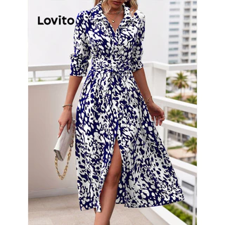 Lovito Vestido elegante floral com botões para mulheres LBL16071