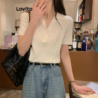 Lovito Top casual de malha básica lisa para mulheres LNM75357