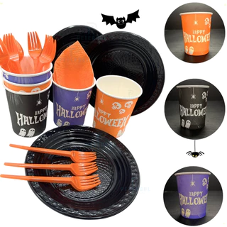 Kit Festa Halloween Completo Descartável 162 Itens Pratos Copos Guardanapos Garfinho Laranja Preto