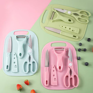 Kit Utensílios de Cozinha 4 Peças Com Faca/ Tesoura/ Descascador e Tábua de Corte - WYL em Oferta na Shopee