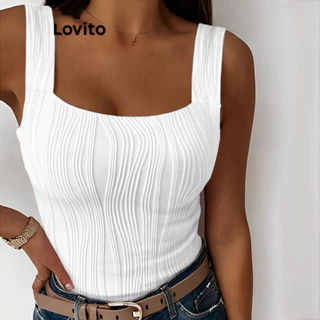 Lovito Regata Casual Liso com Estampa Jacquard para Mulheres LNL36058 (Branco/Preto)