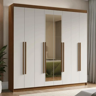 Guarda-Roupa Casal 8 Portas Batentes com Espelho Rustic/Branco/Rustic Venus Madesa em Oferta na Shopee