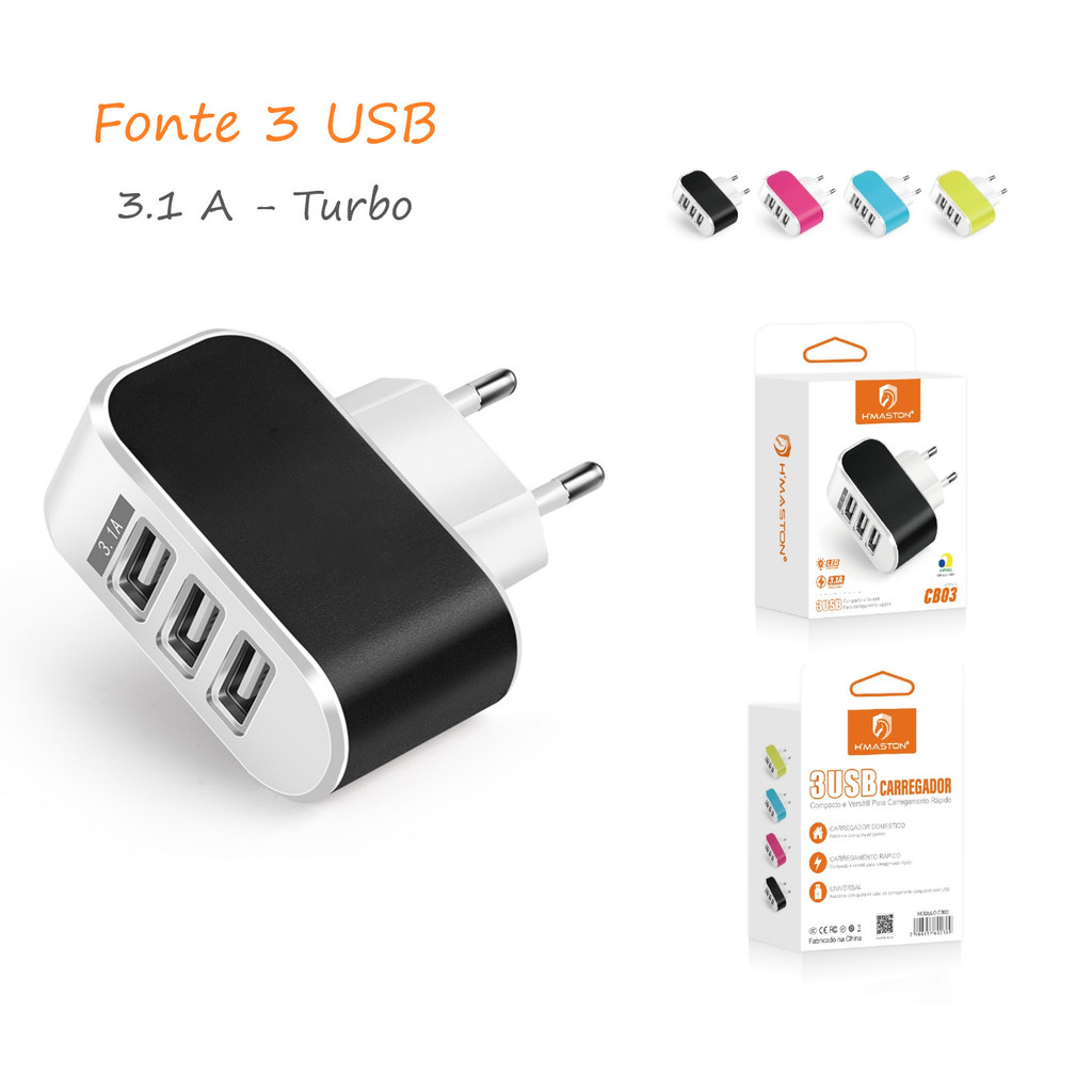 Fonte Carregador Turbo 3 USB 3.1A Original 3 Entradas Fonte USB Rápido ...
