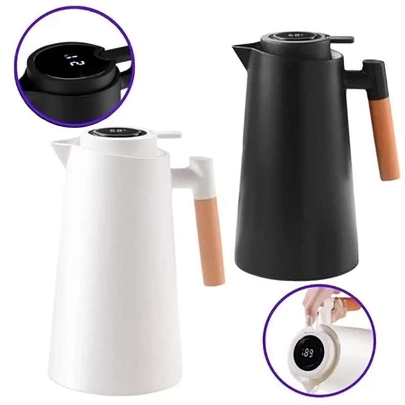 Belifou Garrafa Térmica 1 Litro Termômetro Led Para Chás / Café Nórdica Design Moderno Cabo Madeira