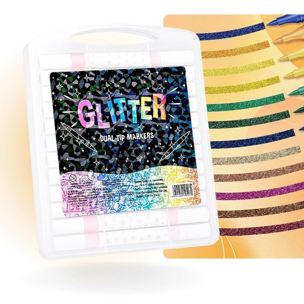 Kit Caneta Marcador Brush Metálica com Glitter Ponta Dupla Pincel
