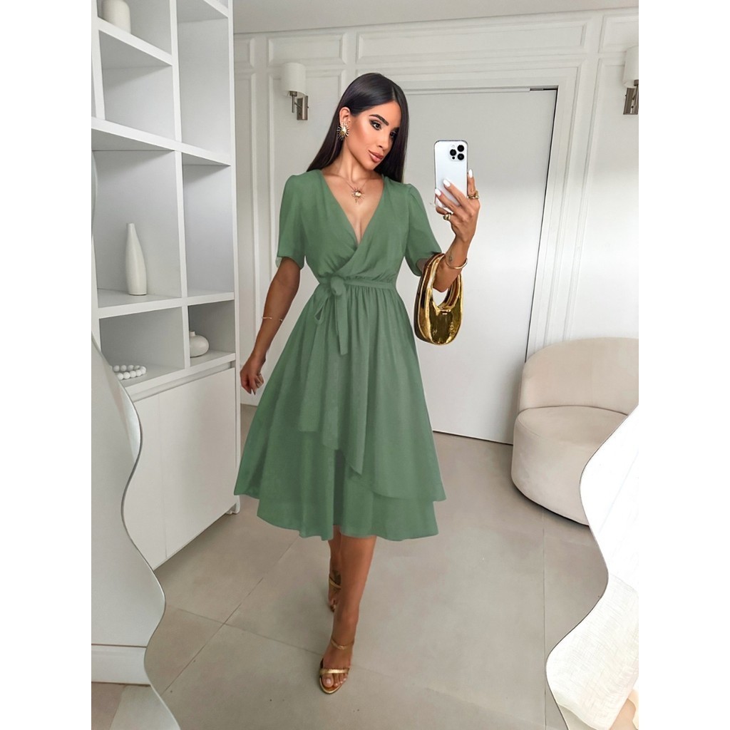 Vestido Midi Feminino Manga 3/4 Com Cinto e Babado Casual Festa ...
