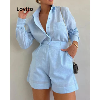 Lovito Conjuntos de shorts casuais com botão liso e bolso frontal para mulheres LBL12110
