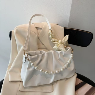 Saco De Moda Ombro Mulher Casual Simples Axilas Sling Cadeia De Pérolas Dobradas