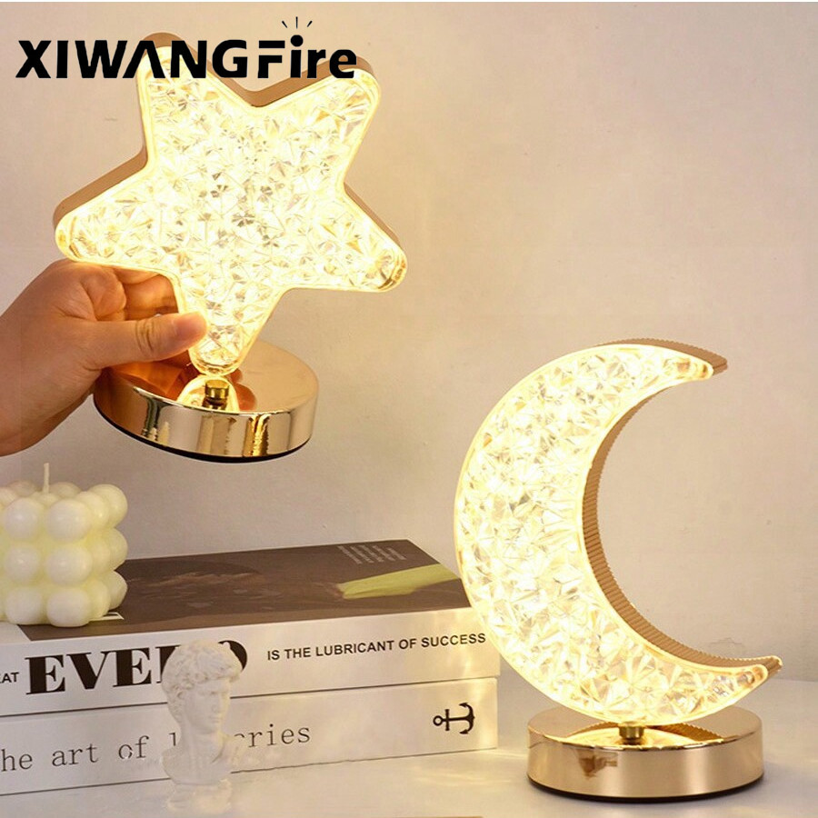 XIWANGFIRE Lâmpada Noturna Estrela Lua Decorativa De Mesa De Quarto Cabeceira Cristal Toque Recarregável Atmosfera Estilo Quente Iluminação