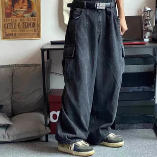 calça baggy Baggy Jeans Homens Preto Wide Denim Calças Oversize Carga Coreano Moda Masculina Roupas Streetwear Calças Moletom cargo pants y2k