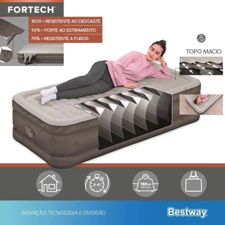 Colchão Inflável Solteiro Twin Fortech Plus 180kg + Bomba Embutida + Bolsa Bestway