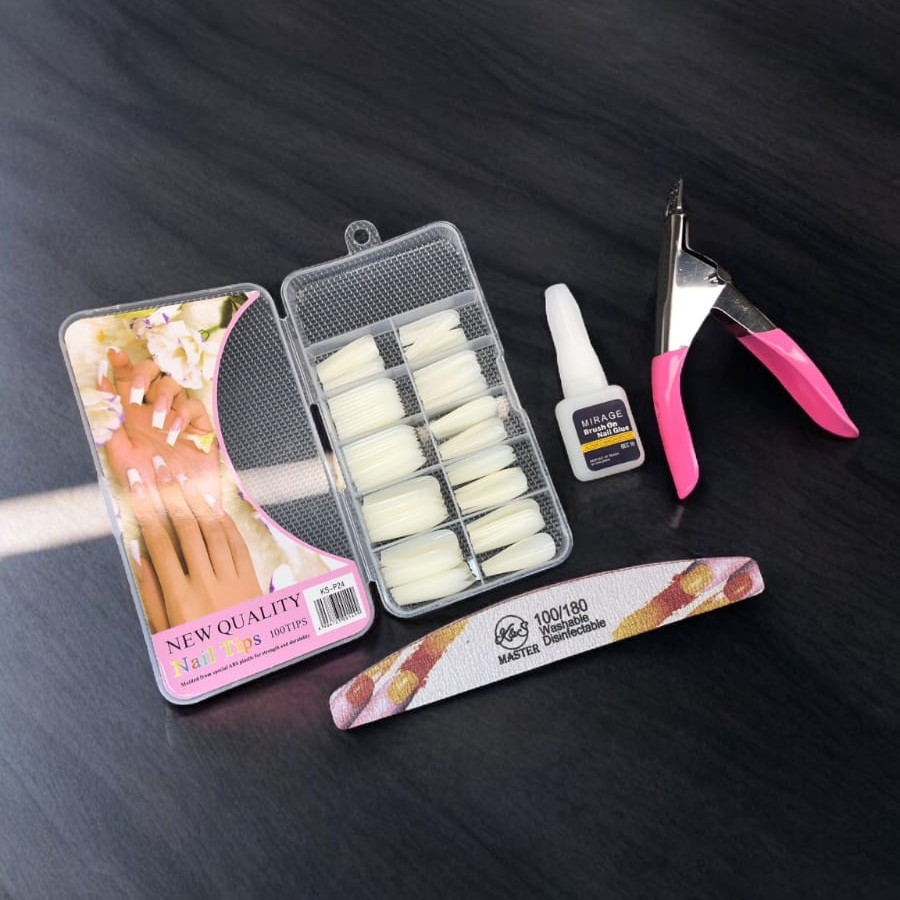 Kit 100 Unhas postiças bailarina + Cortador Tips + Cola 10g + Lixa bummerang