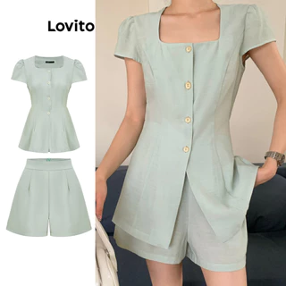 Lovito Conjuntos elegantes de shorts básicos com zíper e botão liso para mulheres L96MD120